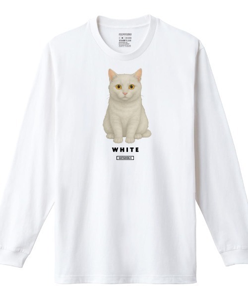 Moftique(モフティック)の「Moftique(モフティック) 長袖Tシャツ 白猫 猫 キャット ペット アニマル プリント 袖リブ ロンT トップス レディース(Tシャツ/カットソー・レディース・ホワイト/ブラック・XS/S)」の2枚目の写真