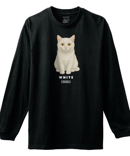Moftique(モフティック)の「Moftique(モフティック) 長袖Tシャツ 白猫 猫 キャット ペット アニマル プリント 袖リブ ロンT トップス レディース(Tシャツ/カットソー・レディース・ホワイト/ブラック・XS/S)」の1枚目の写真