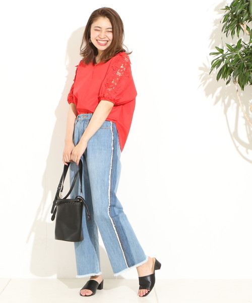natural couture（ナチュラルクチュール）の「袖透かしレースBL（シャツ/ブラウス・レディース・レッド/ストライプ/アイボリー/ブラック・FREE）」の20枚目の写真