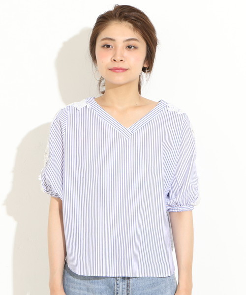 natural couture（ナチュラルクチュール）の「袖透かしレースBL（シャツ/ブラウス・レディース・レッド/ストライプ/アイボリー/ブラック・FREE）」の14枚目の写真