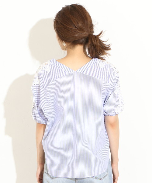 natural couture（ナチュラルクチュール）の「袖透かしレースBL（シャツ/ブラウス・レディース・レッド/ストライプ/アイボリー/ブラック・FREE）」の16枚目の写真