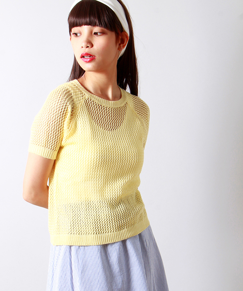 WEGO（ウィゴー）の「WEGO/メッシュ編み半袖ニット（ニット/セーター・レディース・オフホワイト/グリーン系その他/ライトイエロー/ライトピンク・FREE）」の4枚目の写真