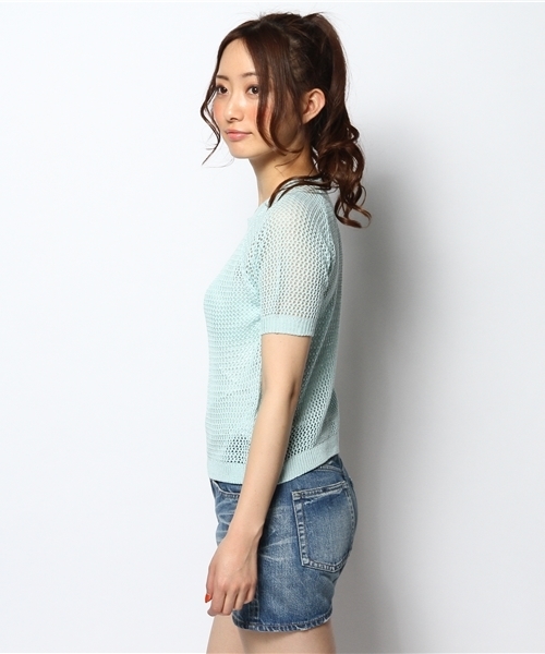 WEGO（ウィゴー）の「WEGO/メッシュ編み半袖ニット（ニット/セーター・レディース・オフホワイト/グリーン系その他/ライトイエロー/ライトピンク・FREE）」の5枚目の写真