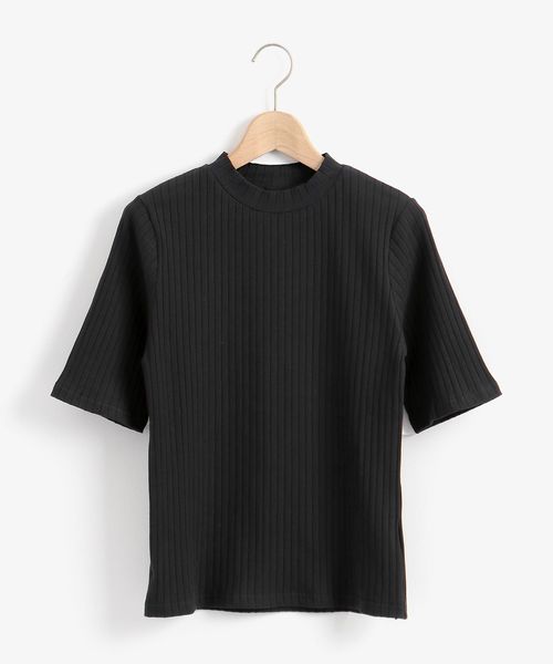 Perle Peche(ペルルペッシュ)の「リブハイネック5分袖カットソー(Tシャツ/カットソー)」|ブラック