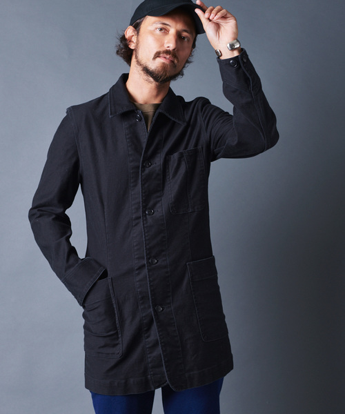 Magine（マージン）の「SULFUR STRETCH BACKSATIN WORK COAT：サルファーストレッチ バックサテン ワークコート（ステンカラーコート・メンズ・ブラック/ベージュ/オリーブ・44/46/48）」の2枚目の写真