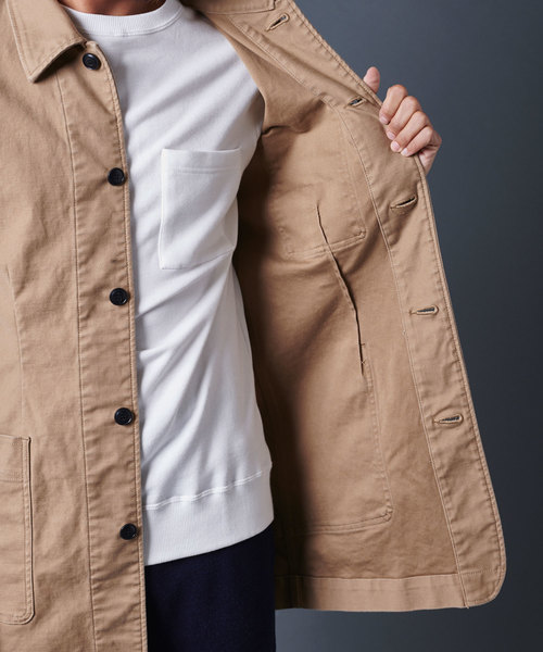 Magine（マージン）の「SULFUR STRETCH BACKSATIN WORK COAT：サルファーストレッチ バックサテン ワークコート（ステンカラーコート・メンズ・ブラック/ベージュ/オリーブ・44/46/48）」の9枚目の写真