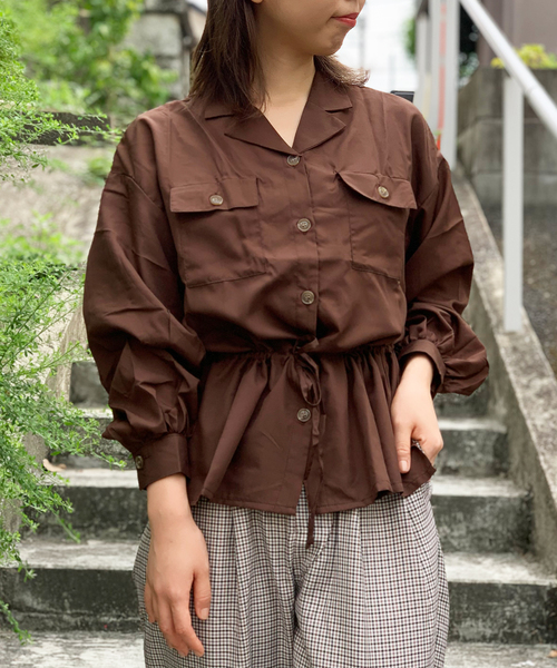 STYLEBLOCK（スタイルブロック）の「オープンカラー開襟サファリシャツブラウス（シャツ/ブラウス・レディース・ブラック/ブラウン/カーキ/キャメル/バーガンディー・M）」の3枚目の写真