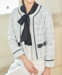 パールビジュー装飾グログランりぼん付きノーカラーツイードジャケット