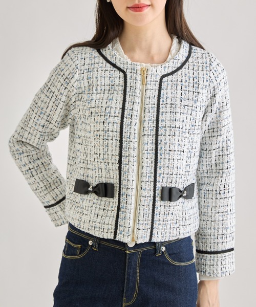 tocco closet（トッコ　クローゼット）の「パールビジュー装飾グログランりぼん付きノーカラーツイードジャケット（ノーカラージャケット・レディース・ブラック/オフホワイト・M）」の8枚目の写真