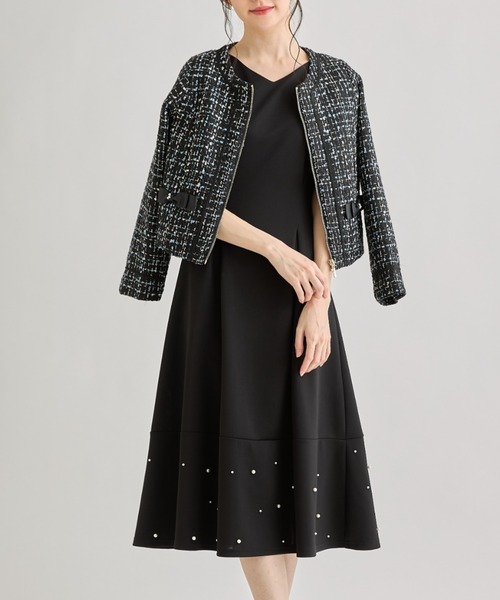 tocco closet（トッコ　クローゼット）の「パールビジュー装飾グログランりぼん付きノーカラーツイードジャケット（ノーカラージャケット・レディース・ブラック/オフホワイト・M）」の11枚目の写真