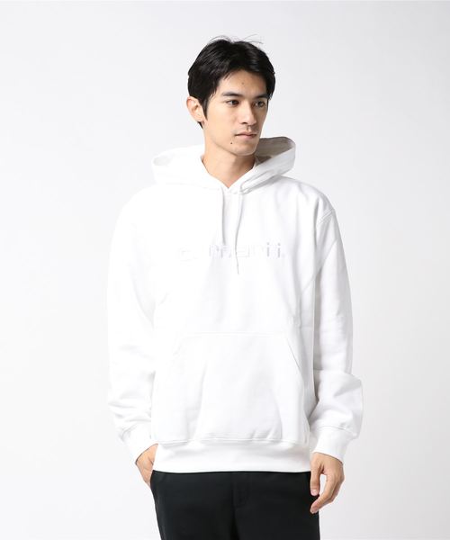 Carhartt WIP（カーハートダブリューアイピー）の「HOODED CARHARTT SWEATSHIRT（パーカー・メンズ・ブラウン/ダークグリーン/ブラック/ホワイト/ピンク/ブルー/グレイッシュブルー/グリーン系カモフラージュ/オレンジ・SMALL/MEDIUM/LARGE/X-LARGE/XX-LARGE/X-SMALL）」の2枚目の写真
