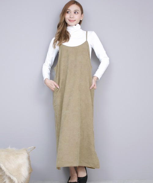 DAY CLOSET(デイ クローゼット)の「レディース スリット入りコーデュロイバックリボンキャミワンピ(キャミソール)」|サンドベージュ