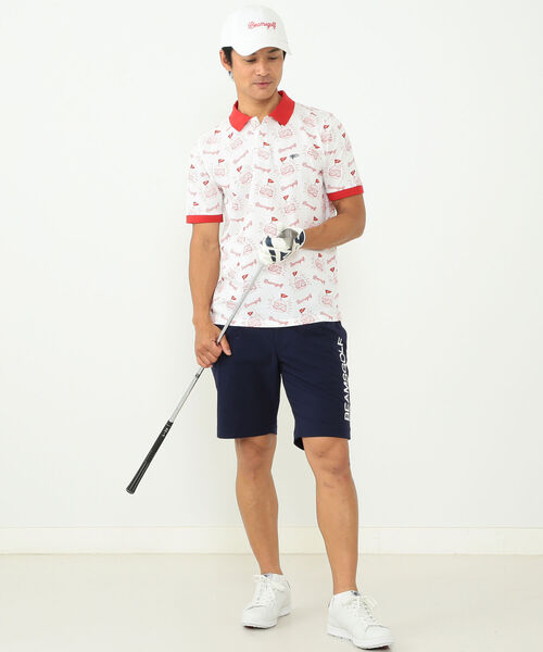 BEAMS GOLF ハンバーガー柄　ポロシャツ M ビームスゴルフ BEAMS ビームスゴルフ 半袖ポロシャツ 白×レッド ハンバーガー
