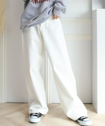 moment+ | カラーヘビーツイル＆デニムフリンジヘムハイウエストセミワイドパンツ(デニムパンツ)