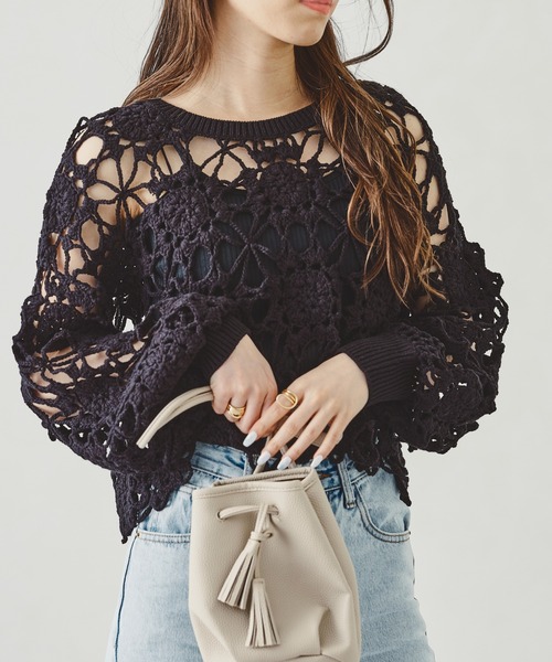 acro（アクロ）の「かぎ針編みニットトップス/AC1089（ニット/セーター・レディース・ブルー/オレンジ/ホワイト/イエロー/ブラック・ﾌﾘ-）」の3枚目の写真