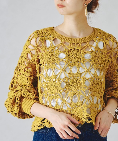 acro（アクロ）の「かぎ針編みニットトップス/AC1089（ニット/セーター・レディース・ブルー/オレンジ/ホワイト/イエロー/ブラック・ﾌﾘ-）」の22枚目の写真