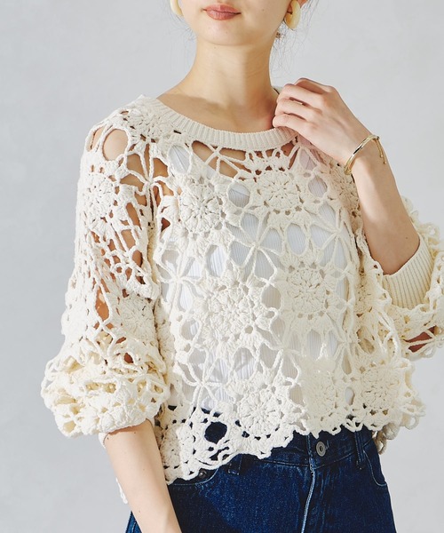 acro（アクロ）の「かぎ針編みニットトップス/AC1089（ニット/セーター・レディース・ブルー/オレンジ/ホワイト/イエロー/ブラック・ﾌﾘ-）」の21枚目の写真