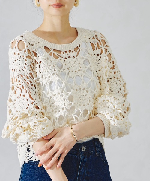 acro（アクロ）の「かぎ針編みニットトップス/AC1089（ニット/セーター・レディース・ブルー/オレンジ/ホワイト/イエロー/ブラック・ﾌﾘ-）」の18枚目の写真