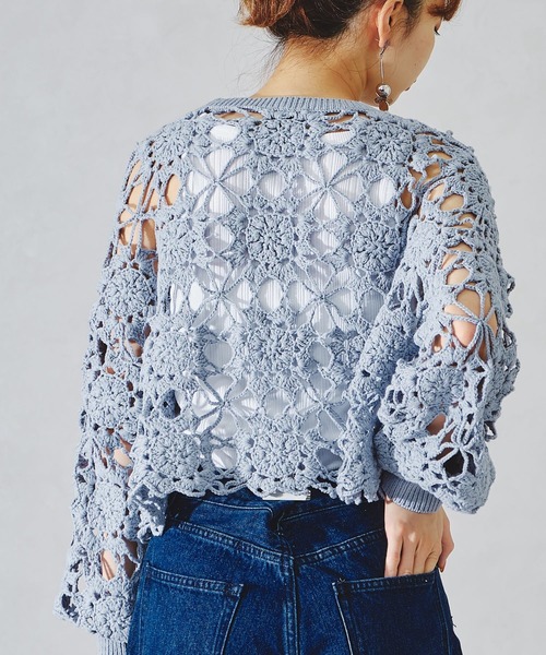 acro（アクロ）の「かぎ針編みニットトップス/AC1089（ニット/セーター・レディース・ブルー/オレンジ/ホワイト/イエロー/ブラック・ﾌﾘ-）」の8枚目の写真