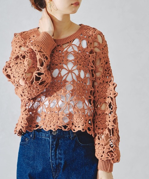 acro（アクロ）の「かぎ針編みニットトップス/AC1089（ニット/セーター・レディース・ブルー/オレンジ/ホワイト/イエロー/ブラック・ﾌﾘ-）」の17枚目の写真