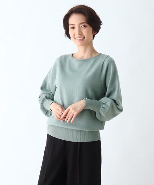 DRESKIP（ドレスキップ）の「◆袖口フェイクパ－ル付きボリュームスリーブニット（ニット/セーター・レディース・ライトグリーン/ブラック系1/サンドベージュ/パープル系・03/02）」の3枚目の写真