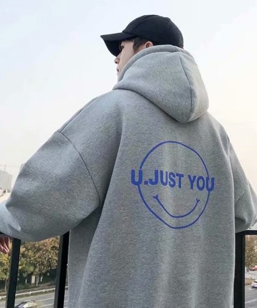 NO NEED（ノーニード）の「オーバーサイズスマイルプリントビッグシルエットパーカー　/裏起毛/バックプリント/（パーカー・メンズ・ミント/グレー/ブラック/ホワイト・フリー）」の4枚目の写真