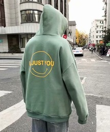 オーバーサイズスマイルプリントビッグシルエットパーカー /裏起毛/バックプリント/