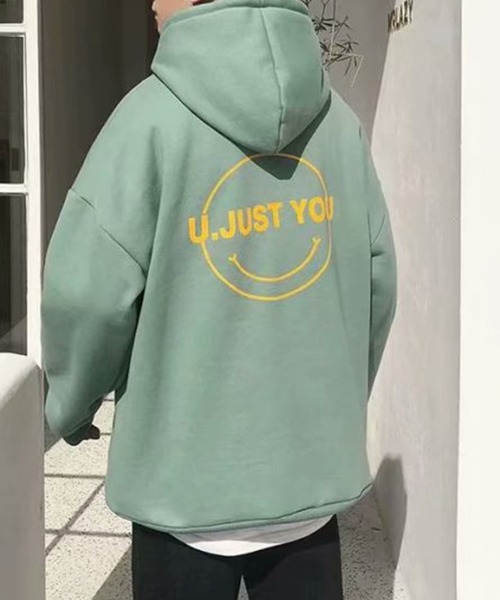 NO NEED（ノーニード）の「オーバーサイズスマイルプリントビッグシルエットパーカー　/裏起毛/バックプリント/（パーカー・メンズ・ミント/グレー/ブラック/ホワイト・フリー）」の10枚目の写真