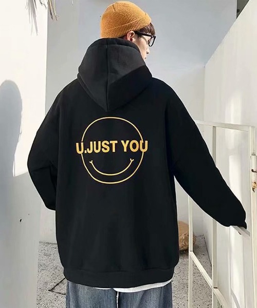 NO NEED（ノーニード）の「オーバーサイズスマイルプリントビッグシルエットパーカー　/裏起毛/バックプリント/（パーカー・メンズ・ミント/グレー/ブラック/ホワイト・フリー）」の7枚目の写真