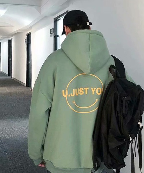 NO NEED（ノーニード）の「オーバーサイズスマイルプリントビッグシルエットパーカー　/裏起毛/バックプリント/（パーカー・メンズ・ミント/グレー/ブラック/ホワイト・フリー）」の11枚目の写真