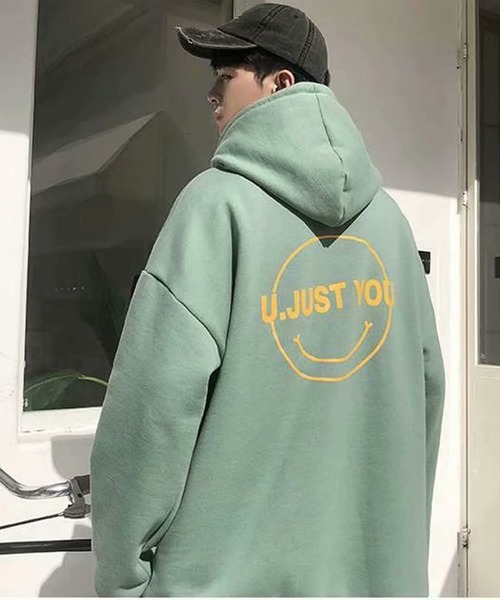 NO NEED（ノーニード）の「オーバーサイズスマイルプリントビッグシルエットパーカー　/裏起毛/バックプリント/（パーカー・メンズ・ミント/グレー/ブラック/ホワイト・フリー）」の8枚目の写真