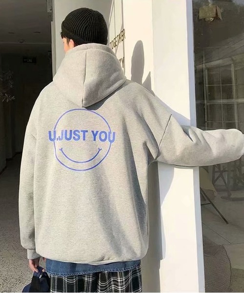 NO NEED（ノーニード）の「オーバーサイズスマイルプリントビッグシルエットパーカー　/裏起毛/バックプリント/（パーカー・メンズ・ミント/グレー/ブラック/ホワイト・フリー）」の12枚目の写真