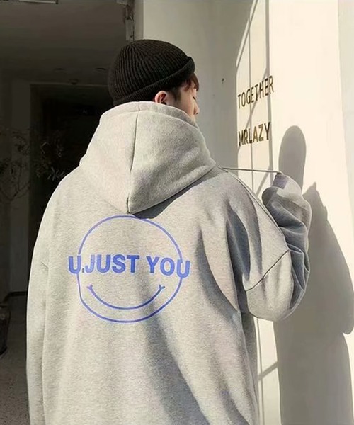 NO NEED（ノーニード）の「オーバーサイズスマイルプリントビッグシルエットパーカー　/裏起毛/バックプリント/（パーカー・メンズ・ミント/グレー/ブラック/ホワイト・フリー）」の19枚目の写真