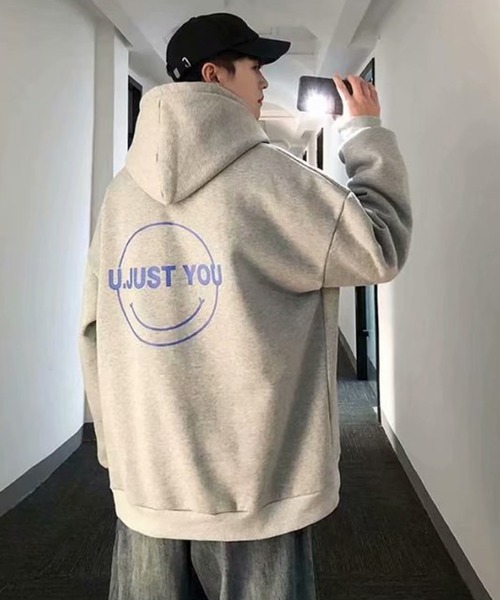 NO NEED（ノーニード）の「オーバーサイズスマイルプリントビッグシルエットパーカー　/裏起毛/バックプリント/（パーカー・メンズ・ミント/グレー/ブラック/ホワイト・フリー）」の15枚目の写真