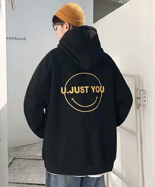 NO NEED（ノーニード）の「オーバーサイズスマイルプリントビッグシルエットパーカー　/裏起毛/バックプリント/（パーカー・メンズ・ミント/グレー/ブラック/ホワイト・フリー）」の9枚目の写真