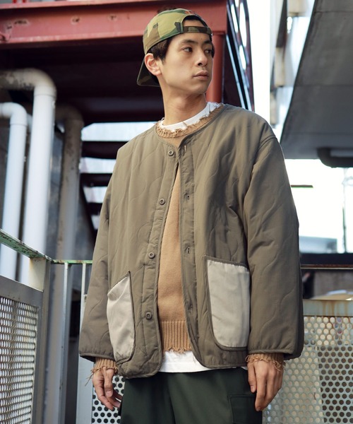 air tokyo sellection（エアートウキョウセレクション）の「リップストップキルトライナージャケット（ノーカラーコート・メンズ・ブラック/カーキ・MEDIUM/LARGE/X-LARGE）」の10枚目の写真