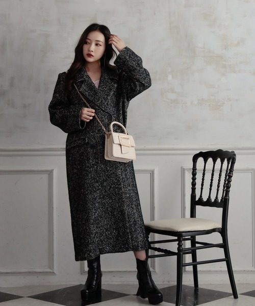 ANDGEEBEE（アンジービー）の「ウールツィードロングコート（ダウンジャケット/コート・レディース・ブラック/ベージュ・MEDIUM）」の6枚目の写真