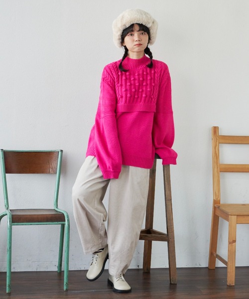 MERLOT（メルロー）の「柄編みドッキングぽんぽんニット（ニット/セーター・レディース・ピンク/グリーン/アイボリー・FREE）」の3枚目の写真