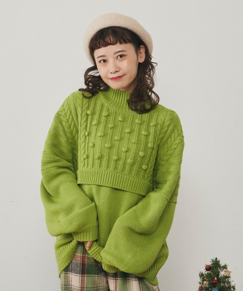 MERLOT（メルロー）の「柄編みドッキングぽんぽんニット（ニット/セーター・レディース・ピンク/グリーン/アイボリー・FREE）」の22枚目の写真