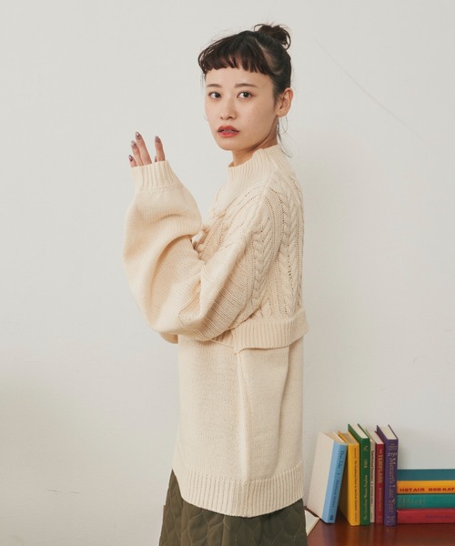 MERLOT（メルロー）の「柄編みドッキングぽんぽんニット（ニット/セーター・レディース・ピンク/グリーン/アイボリー・FREE）」の12枚目の写真