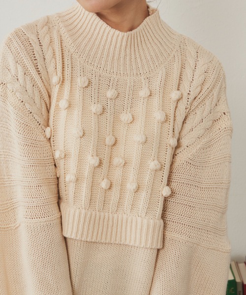 MERLOT（メルロー）の「柄編みドッキングぽんぽんニット（ニット/セーター・レディース・ピンク/グリーン/アイボリー・FREE）」の8枚目の写真