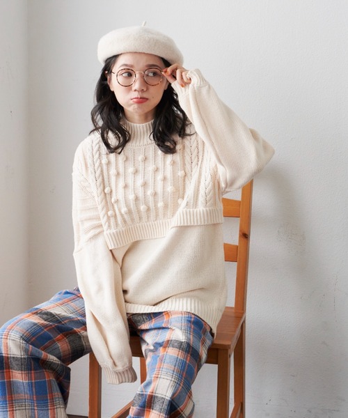 MERLOT（メルロー）の「柄編みドッキングぽんぽんニット（ニット/セーター・レディース・ピンク/グリーン/アイボリー・FREE）」の5枚目の写真