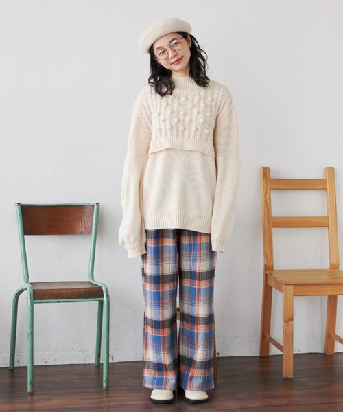 MERLOT（メルロー）の「柄編みドッキングぽんぽんニット（ニット/セーター・レディース・ピンク/グリーン/アイボリー・FREE）」の6枚目の写真