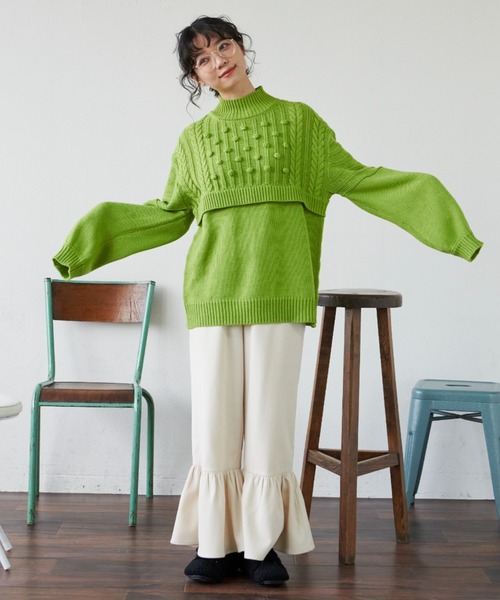 MERLOT（メルロー）の「柄編みドッキングぽんぽんニット（ニット/セーター・レディース・ピンク/グリーン/アイボリー・FREE）」の15枚目の写真