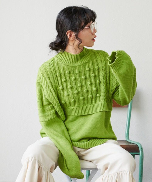 MERLOT（メルロー）の「柄編みドッキングぽんぽんニット（ニット/セーター・レディース・ピンク/グリーン/アイボリー・FREE）」の18枚目の写真