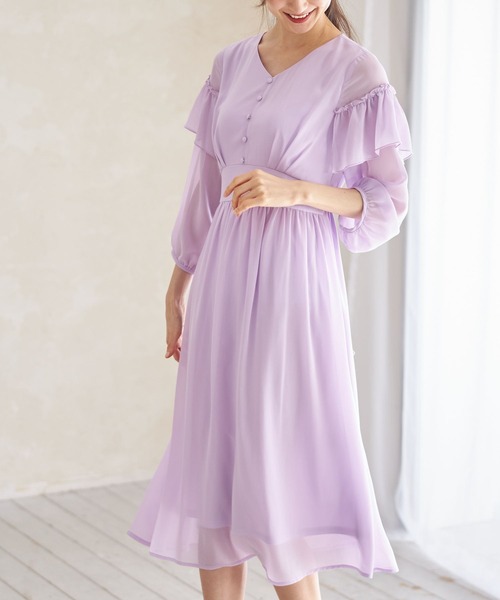 フリル付きスリーブ飾り釦装飾ウエストりぼんシフォンワンピース ワンピース Tocco Closet トッコ クローゼット のファッション通販 Zozotown