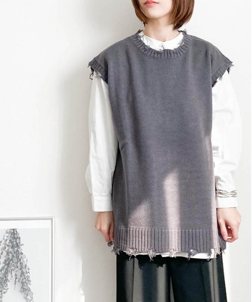 Burner（バーナー）の「【BURNER SELECT】5GGニットダメージベスト（ベスト・メンズ・サックスブルー/グリーン/アイボリー/チャコールグレー・M/XL/L）」の2枚目の写真