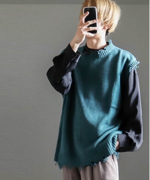 Burner（バーナー）の「【BURNER SELECT】5GGニットダメージベスト（ベスト・メンズ・サックスブルー/グリーン/アイボリー/チャコールグレー・M/XL/L）」の3枚目の写真