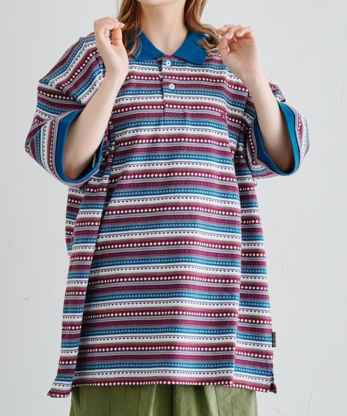 HANGTEN(ハンテン)の「WEB限定/半袖ジャガードポロシャツ(Tシャツ/カットソー・メンズ・ネイビー/ブラウン/ブルー・FREE)」の3枚目の写真