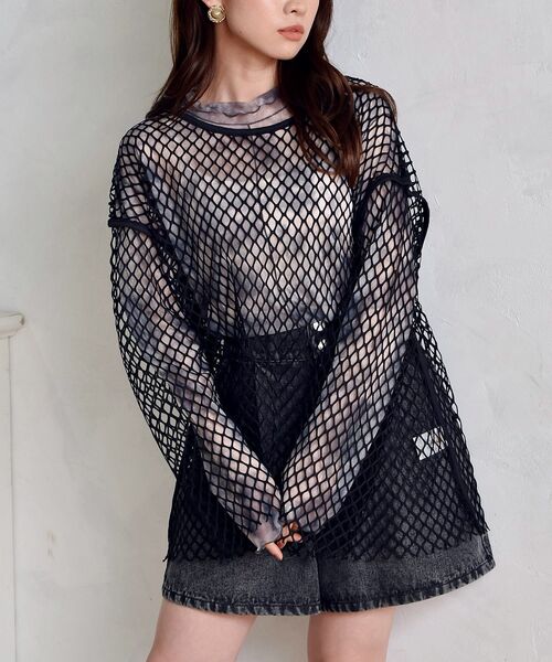 ems excite（エムズエキサイト）の「ビッグメッシュカット（Tシャツ/カットソー・レディース・ブラック/オフホワイト/グリーン・FREE）」の2枚目の写真